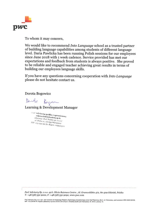 List referencyjny od PwC Advisory